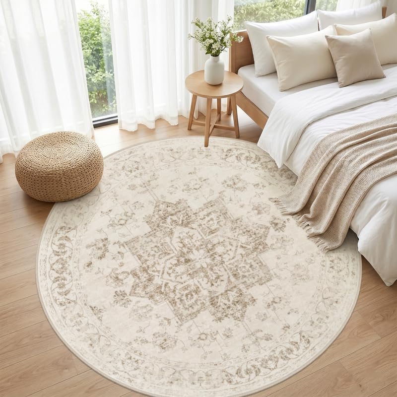 Round Area Rug Living Room: 6ft Washable Carpet Beige/Ivory - Image 4