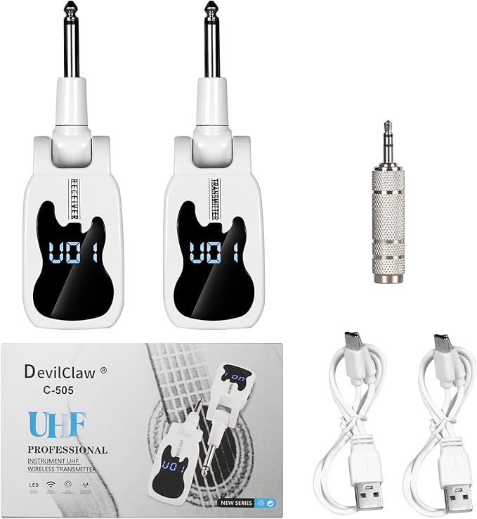 Devilclaw UHF Wireless Guitar System- 16 Channel Rechargeable Transmitter Receiver with Volume Control - Interference-Free Adapter for Bass Instruments(White)