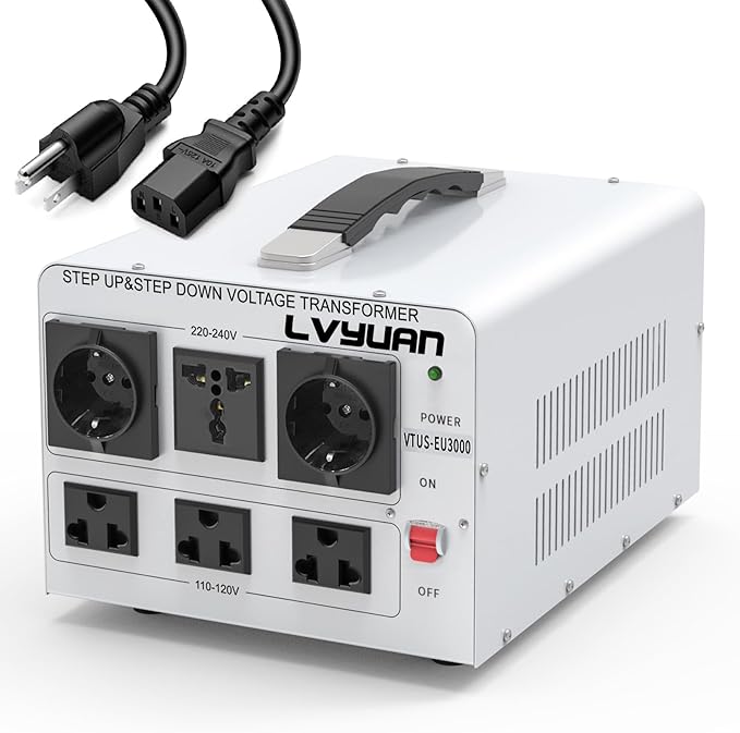 LVYUAN Heavy Duty 3000W Watt Voltage Transformer Converter Step Up/Down Converter 110/120 Volt - 220/240 Volt with 3 US,2 European,1 Universal Outlets and CE Certified,Circuit Break Protection