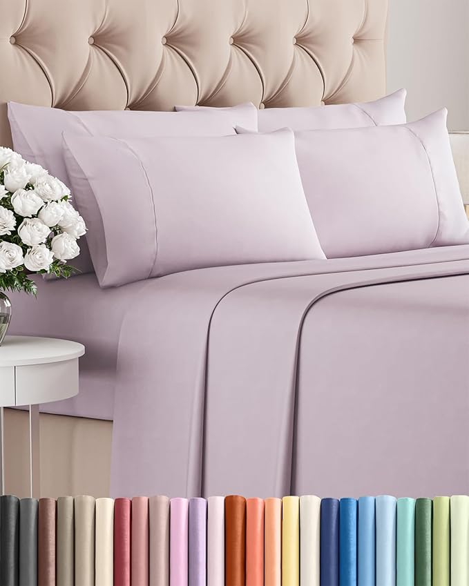Full 6 Piece Sheet Set - Cooling & Breathable - Hotel Luxury Bedding, Includes Fitted Sheet for Women, Men, Kids and Teens - 1 Flat, 1 Fitted Sheet, 4 Pillowcases with Deep Pockets - Light Lavender