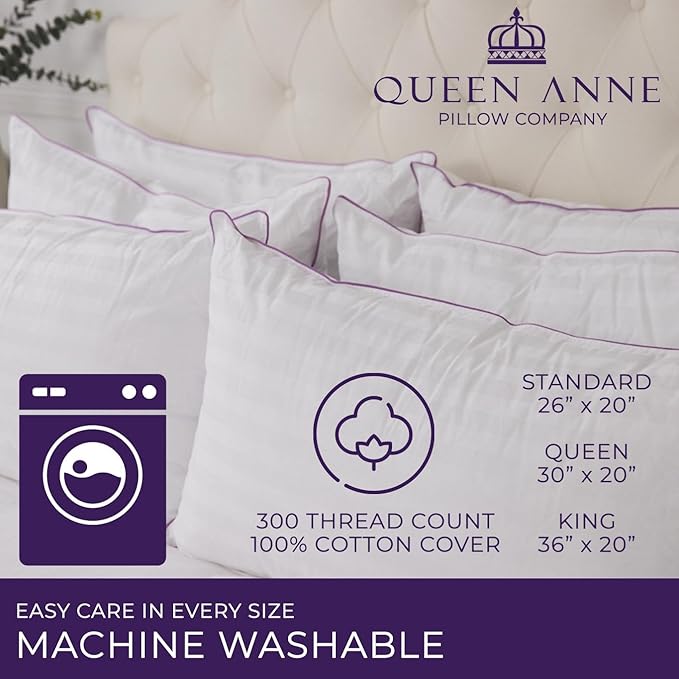 Queen Anne Hotel Collection Pillows – Luxury Down Alternative Bed Pillows (2-Pack, Queen Firm) – Ultimate Comfort, Hypoallergenic, Made in The USA