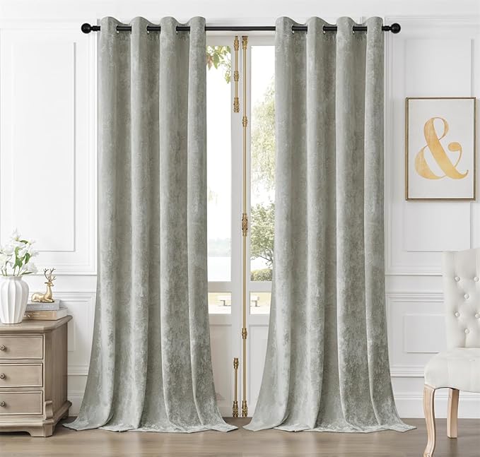 SMILETIME Silver Grey Crushed Velvet Curtains 52x96 inch Luxurious Thermal Insulated Soundproof Drapes for Living Room Bedroom Office Soft and Durable Light-Filtering Window Treatments, 2 Panels