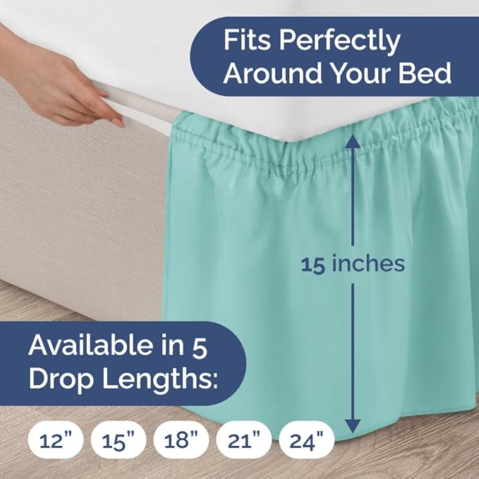 Wrap Around Dust Ruffle Bed Skirt - Spa Blue - Twin/Twin XL Size Beds with 15 Inch Drop - Easy Fit Elastic Strap - Adjustable Pleated Bedskirt w/Brushed Fabric Wrinkle Free - Women, Men, Kids & Teens