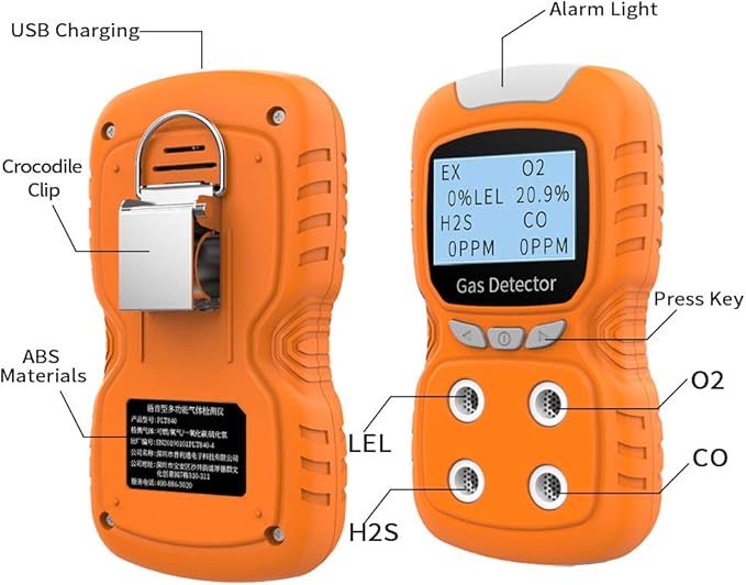 XLA Alert Portable Gas Detector, Gas Clip 4 Gas Monitor Meter Tester Analyzer, Rechargeable LCD Display Sound Light Shock Air Quality Tester, 2 Year Detector…