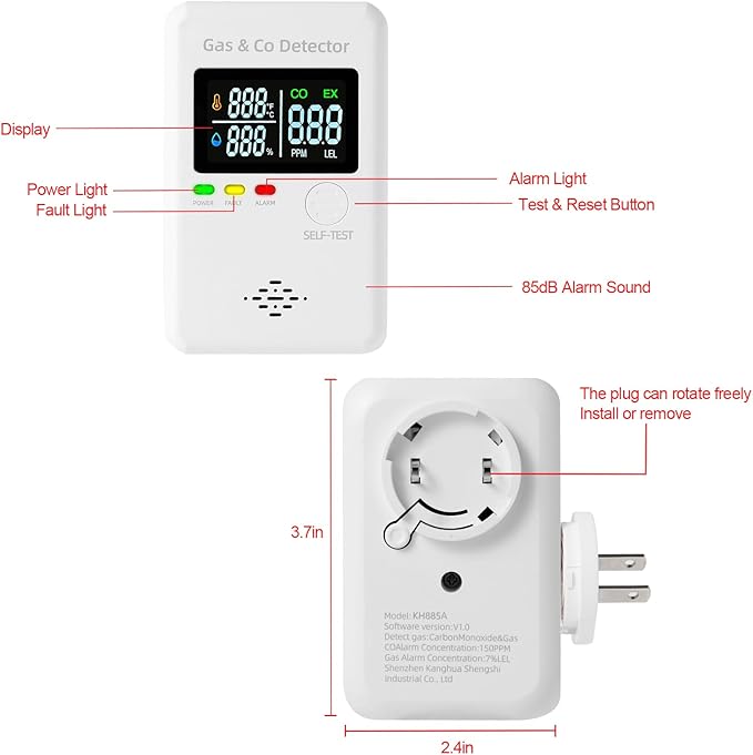 Plug in Natural Gas & Carbon Monoxide Detectors,4-in-1 Real-time Display & Monitor,Low-Concentration Detect, Combination Gas,Propane Detector & CO Alarm for Home,Camping,RV, Apartment