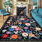 PLHXFR Area Rug 10x12 Living Room: Floral Washable Boho Soft Carpet Black by PLHXFRSoftAreaRugs