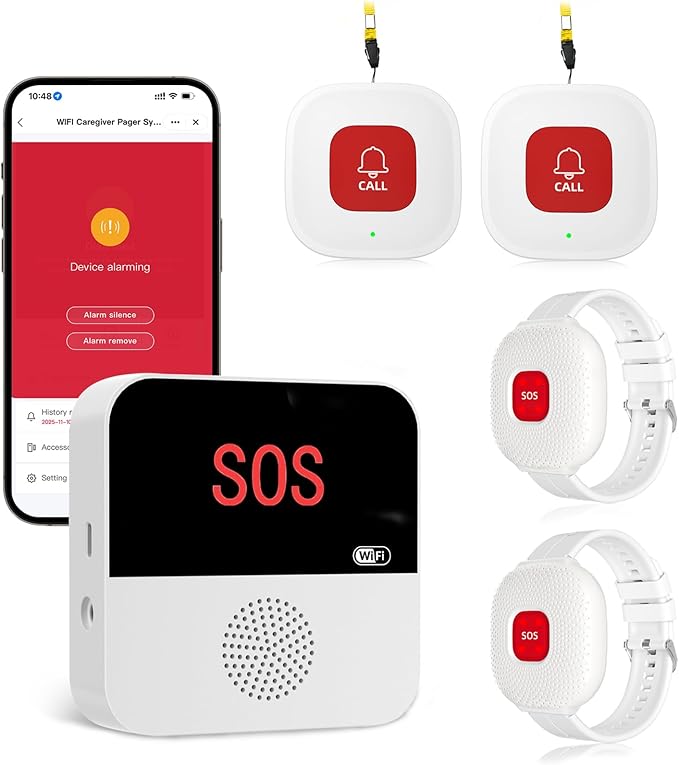 PerfeSafe Life Alert Systems for Seniors No Monthly Fee, Wi-Fi APP Control Wireless Caregiver Pager for Elderly at Home, Medical Alert Systems for Patients with 1 Receiver 2 Call Button 2 Watch Button