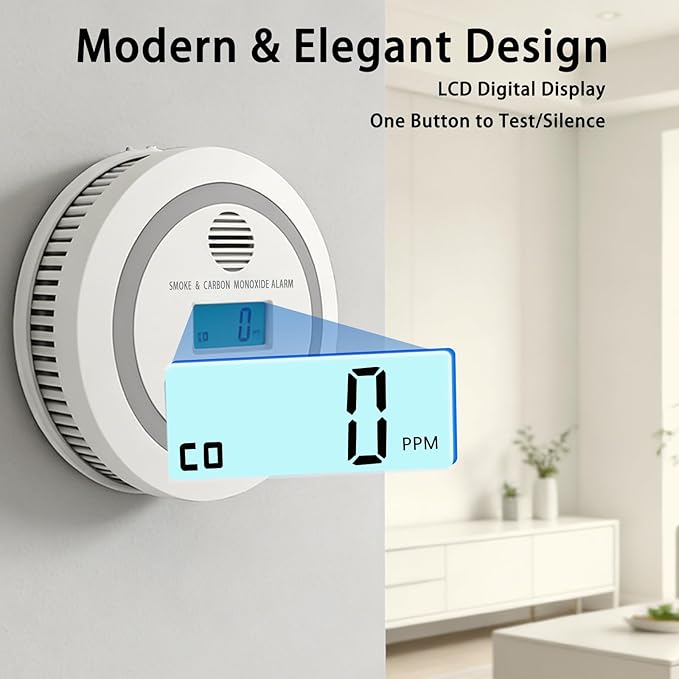 Virtue Sensor Smoke & Carbon Monoxide Detector, 2-in-1 CO Detector Alarm for Home Garage RV with LCD Display Safety Alarm System Audible and Visual Alert (1 Pack with Batteries)