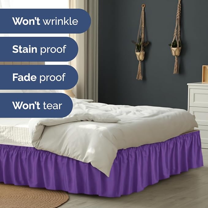 Wrap Around Dust Ruffle Bed Skirt - Purple - for Queen Size Beds with 15 Inch Drop - Easy Fit Elastic Strap - Adjustable Pleated Bedskirt w/Brushed Fabric Wrinkle Free - for Women, Men, Kids & Teens