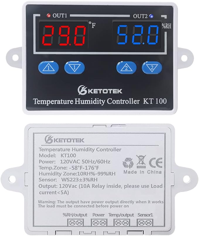 KETOTEK Temperature Humidity Controller Digital Thermostat Module 120V, Heating Cooling Humidification and dehumidification Control 110V 10A, Fahrenheit Display