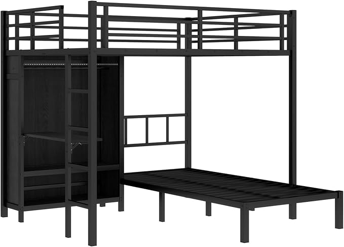 Full XL Over Twin Metal Bunk Bed with Folding Desk, Closet LED,Space-Saving/Noise Reduced, Black Modern Style Multi-Functional Storage Needs Space-Saving Noise Reduced