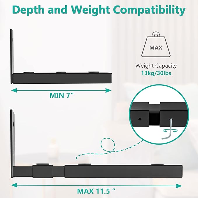 WALI Center Channel Speaker Wall Mount, Universal Soundbar Wall Mount Bracket Hold up to 30 lbs, Arms Extend Adjustment from 7 to 11.5 inch (SLK201), Black