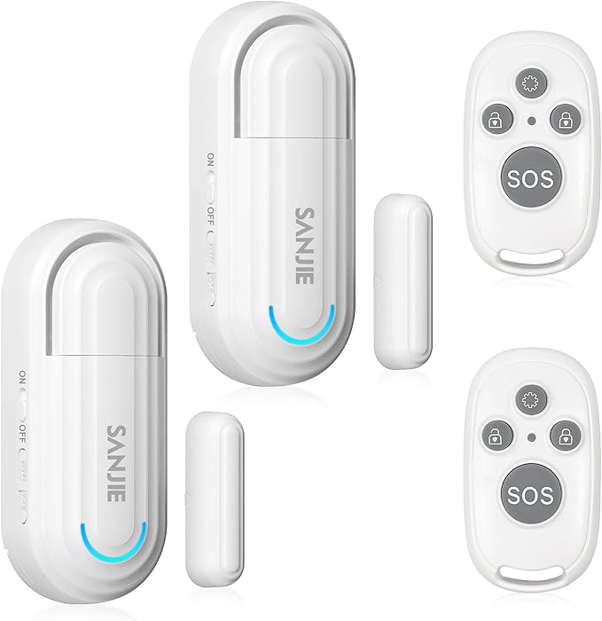 Sanjie Pool Door Alarms for Kids Safety/Home Security/Dementia,4 Working Modes,Wireless Door Open Alarm,Window Alarms Sensors,0-120dB Volume Adjustable,2 Sensors 2 Remote Controls