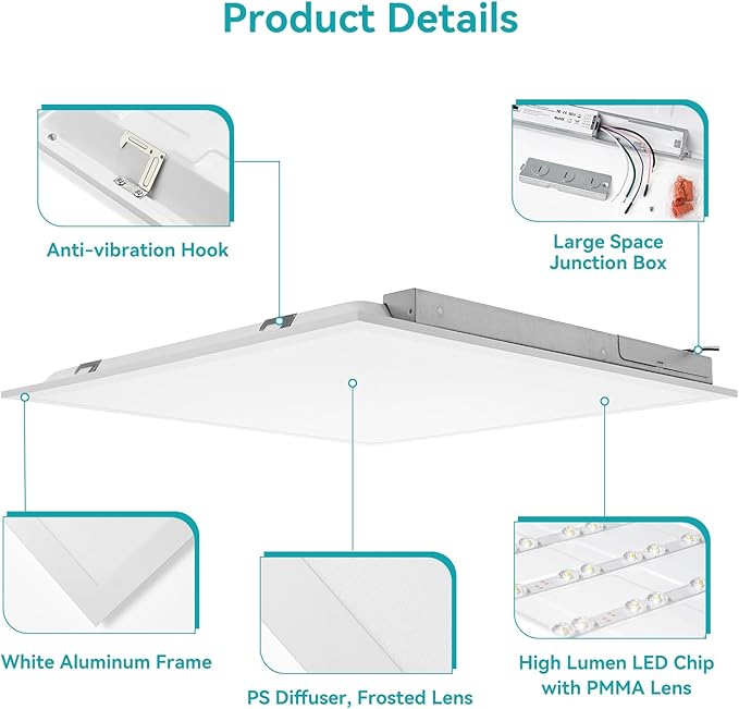 VocgoUU 2x2 LED Flat Panel Light, 4 Pack, Selectable 30W/40W/50W, 3000K/4000K/5000K/6000K, 0-10V Dimmable, ETL Certified, 5500LM, Drop Ceiling Office Lighting