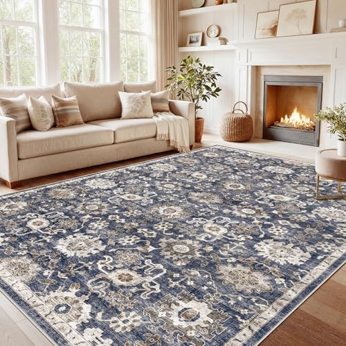 Amada Large 9x12 Washable Area Rug for Living Room, Blue/Brown, Vintage by AMADAHOMEFURNISHING