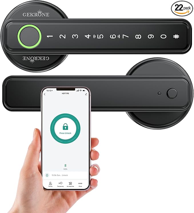 GEKRONE Fingerprint Smart Lever Lock TUYA APP Control Keyless Entry Bluetooth Touchscreen Indoor Handle Biometric Electronic Digital Door Knob with Keypad Suitable for Hotel Office Apartment Bedroom