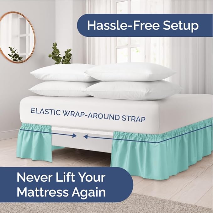 Wrap Around Dust Ruffle Bed Skirt - Spa Blue - for King Size Beds with 24 Inch Drop - Easy Fit Elastic Strap - Adjustable Pleated Bedskirt w/Brushed Fabric Wrinkle Free - for Women, Men, Kids & Teens