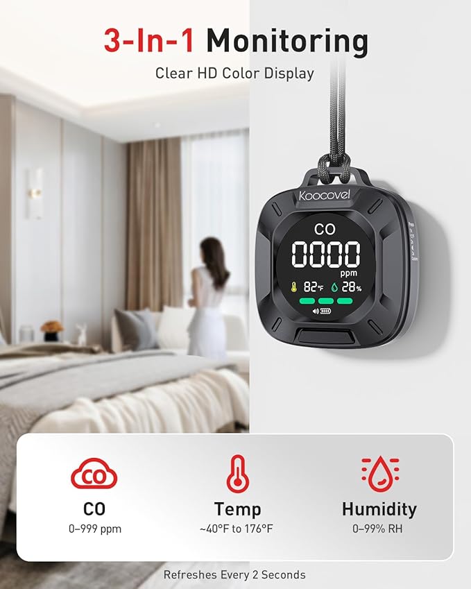 Portable Carbon Monoxide Detector Travel, Rechargeable 3-in-1 CO, Temperature & Humidity Meter, 240h Standby,Custom Alarm Thresholds, with Magnetic Back,for Hotel,Home,Camping for Car RV(Black)