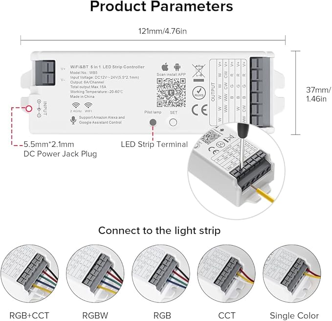 FCOB 5in1 WB5 2.4GHz WiFi PWM LED Controller Compatible with Alexa Google Home Smart Life Tuya APP for Dimming CCT RGB RGBW RGBCCT LED Strip Light Controller Works with WR01RF WR02RF, DC12V-24V