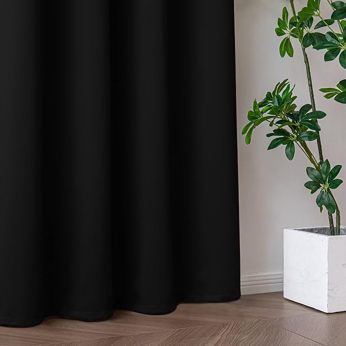 Curtains 90 Inches Long 2 Panels Set, Blackout Curtains for Bedroom Living Room, Thermal Insulated Grommet Room Darkening Drapes for Privacy Home Decor Windows(W52 x L90, Black)