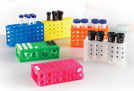 Heathrow Scientific HS29022G Interlocking 4 Way Tube Rack, Polypropylene, Assorted Colors (Blue, Green, Pink, Yellow, Orange), Pack of 5