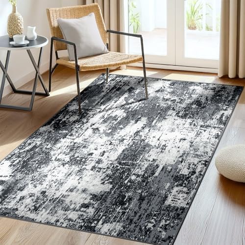 RELEANY Washable 4'x5' Abstract Area Rug for Living Room Black White - Image 3