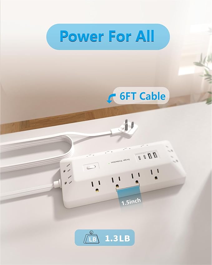 Inhwatek Surge Protector Power Strip with USB Ports (PD 20W), 6 Ft Extension Cord with Multiple Outlets, Flat Plug Outlet Extender for Home, Office, Dorm Room