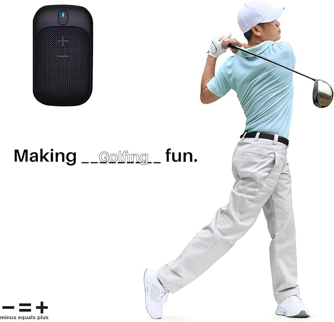 MINUS EQUALS PLUS - = + Golf Speaker/Wireless Wearable Bluetooth Speaker/Portable/Clip on/Up to 18hrs of Battery Life/Built-in Mic for Hands-Free Music and Calls/Water Resistant/Modern Design (Black)