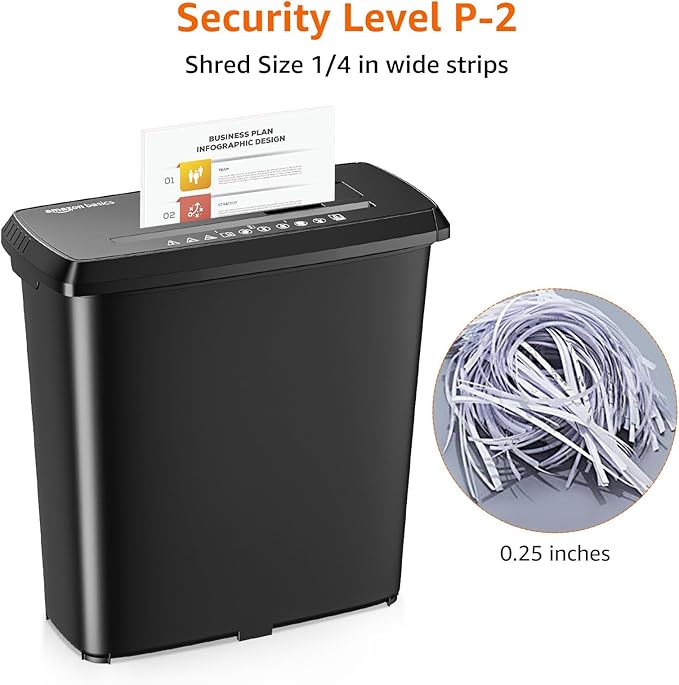 Amazon Basics Paper Shredder for Home and Office, 8-Sheet Strip Cut, CD/ Credit Card Shredder, 3.4 Gallon Wastebasket , Black