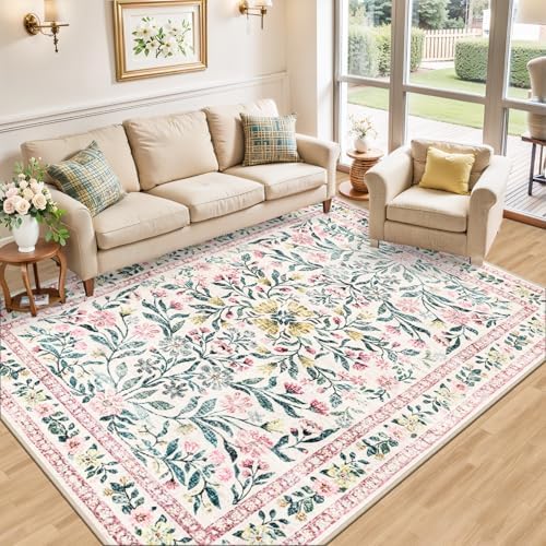 PLHXFR 6x9 Area Rug Living Room: Floral Washable Boho Carpet Pink Green - Image 2