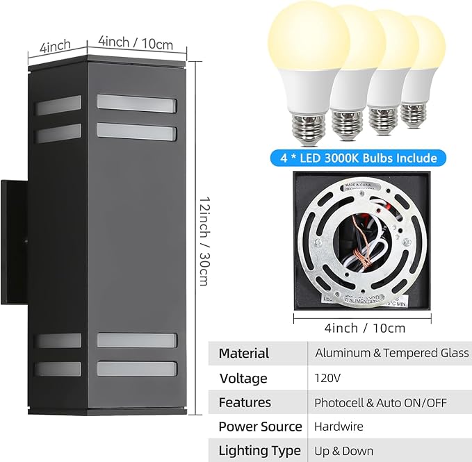 Zinola Dusk to Dawn Outdoor Lighting 2 Pack, Modern Outdoor Wall Lights Black Exterior Lighting Fixtures Wall Mount with E26 Base, Waterproof Sconce Outside Lights for House Porch, Bulbs Included