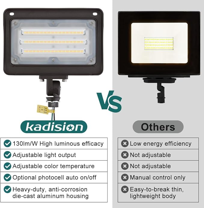 kadision LED Flood Light Outdoor, 50W/40W/30W 6500lm 3000K/4000K/5000K Selectable, Dusk-to-Dawn Photocell, IP65 Waterproof Adjustable Knuckle Mount Security Lights, 100-277V ETL Listed 1-Pack