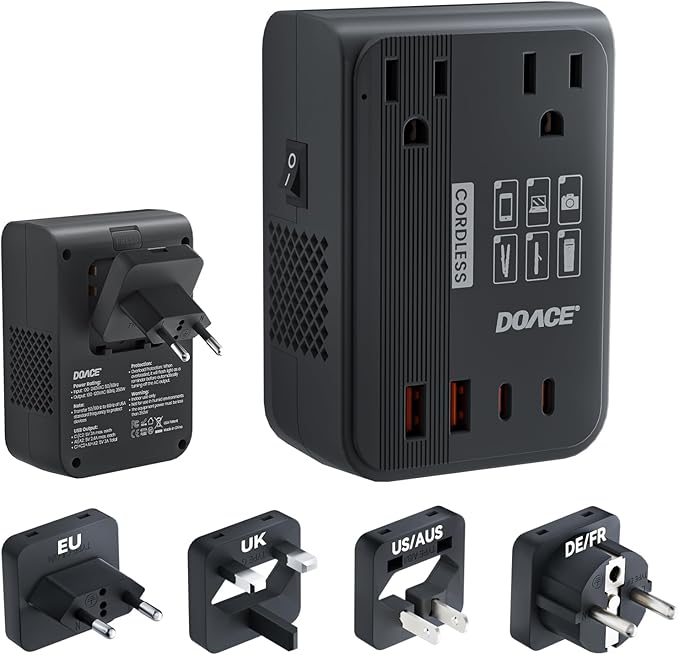 DOACE 220V to 110V Converter 350W Voltage Converter US to Europe for Hair Straightener/Curling Iron Converter for European Travel with 4-Port USB Charging and UK/AU/US/EU Worldwide Plug Adapter