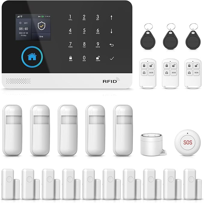 PGST 24 PCS Home Security Systems with LCD Touch Screen,Wireless GSM 4G Burglar Door Open Alarm Systems,120dB Loud Siren,Phone App Control for Villa,Apartment,Home Pets,Kids Safety