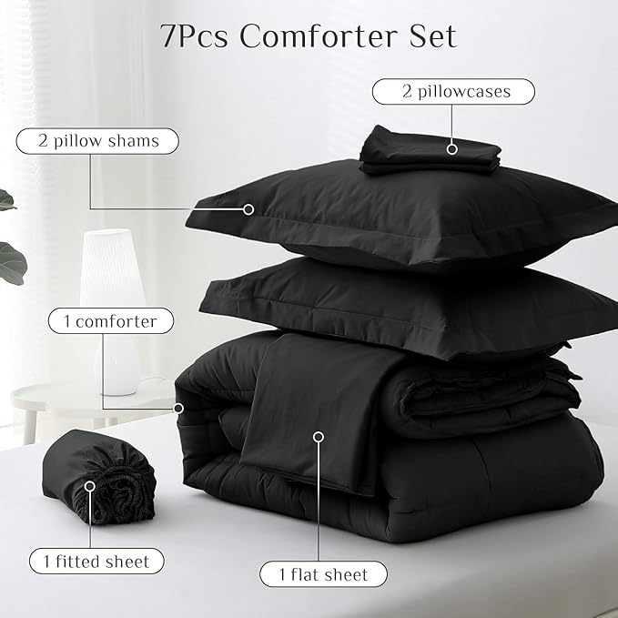JOLLYVOGUE Full Comforter Set, Ultra-Soft Bed in a Bag Full Size 7 Pieces, Oeko-TEX Certified Bedding Set with Down Alternative Comforter, Sheets, Pillowcases & Shams, Black
