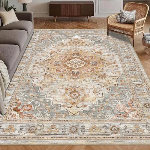 Washable Area Rug 9' x 12' Vintage Traditional Persian Mat - Foldable Distressed Non-Slip Machine Washable Carpet for Living Room Bedroom Kitchen Home Decor - Dove Gray and Coral by Unknown