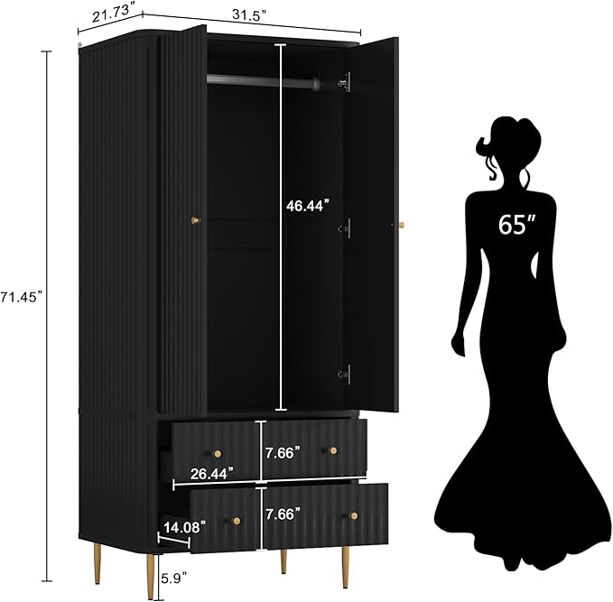 HLR 72" Modern Armoire Wardrobe Closet with Doors and Drawers, Bedroom Armoire Cabinet with Hanging Rod, Wooden Clothing Storage Cabinet,Black
