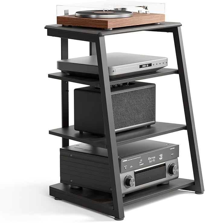 FITUEYES Design 4-Tier AV Media Stand Corner Shelf Stand Wooden Corner Shelves Component Cabinet Stereo Rack Audio Tower with Height Adjustable Wooden Shelves for/Xbox One/ps4 (Black)