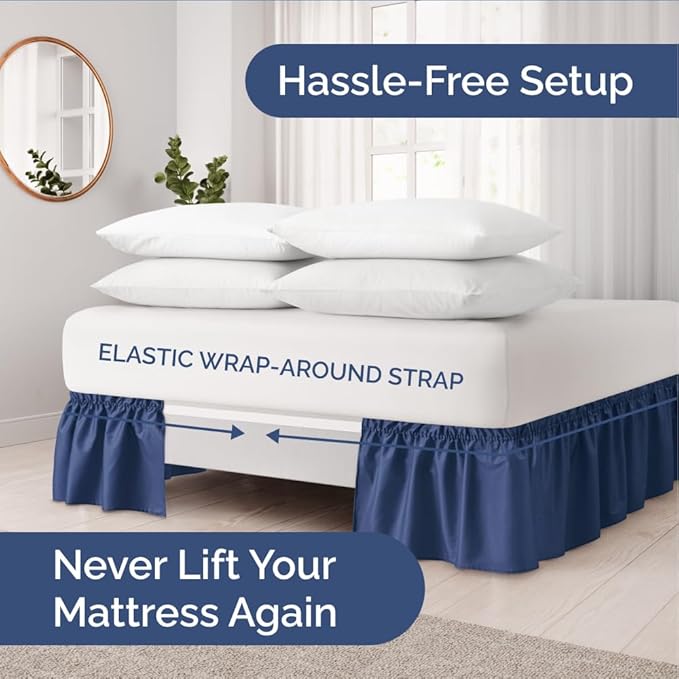Wrap Around Dust Ruffle Bed Skirt - Navy Blue - for Queen Size Beds w/ 14 Inch Drop - Easy Fit Elastic Strap - Adjustable Pleated Bedskirt with Brushed Fabric, Wrinkle Free Women, Men, Kids and Teens