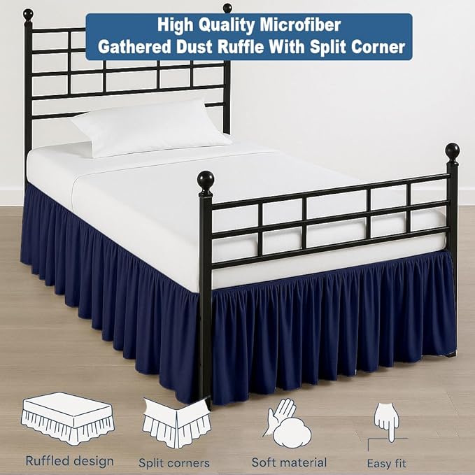 Ruffled Bed Skirt Split Corners with Platform, Tailored Fit Hotel Quality Wrinkle Free Ultra-Soft Microfiber Dust Ruffle, Upto 24 Inch Drop, Full XL, Navy Blue