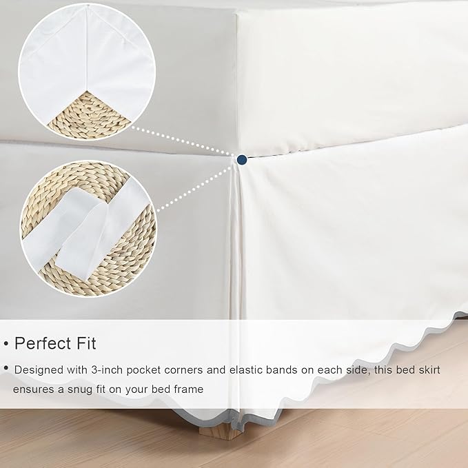 HIG Off White Chic King Bed Skirt - Easy Fit Scallop Edge Pleated Bedskirts, 14 Inch Drop Anti-Slip Dust Ruffle, Thick Fabric for Enhanced Privacy, Pre-Washed for Long-Lasting Use(N60022)