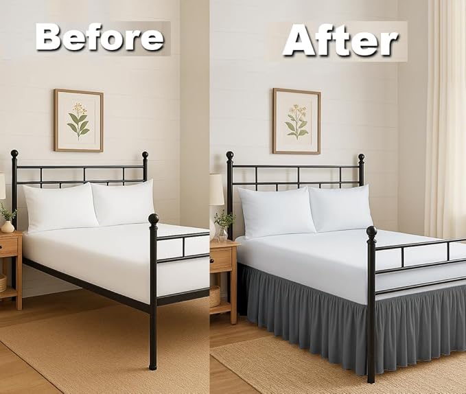 Ruffled Bed Skirt Split Corners with Platform, Tailored Fit Hotel Quality Wrinkle Free Ultra-Soft Microfiber Dust Ruffle, Upto 28 Inch Drop, Queen, Dark Grey