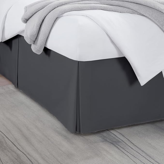 King Bed Skirt, Luxury 18 Inch Drop Dark Grey Pleated Bed Skirt, Double Brushed Microfiber, Box Pleat Design, Wrinkle & Fade Resistant, Easy Fit Tailored Bedskirt for King Size Beds