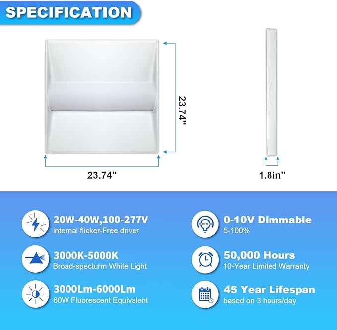 Cortelco 2x2 LED Troffer Light-20W/25W/30W/35W/40W,Up to 6000 Lumens,4 CCT Selectable 3000K/3500K/4000K/5000K,0-10V Dimmable Drop Ceiling Panel – 100-277V,ETL & DLC Listed,Commercial Grade,2 Pack