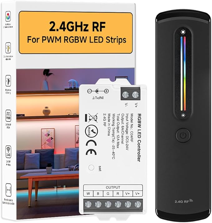 BTF-LIGHTING RC09RFB & C04RF RF 2.4GHz Wireless Tuya Controller Kit Magnetic Wall-Mounted, Dim Brightness/Color,Touch Slide Control for PWM(+ R G B W) 5PIN SMD FCOB RGBW LED Strip DC5V DC12V DC24V