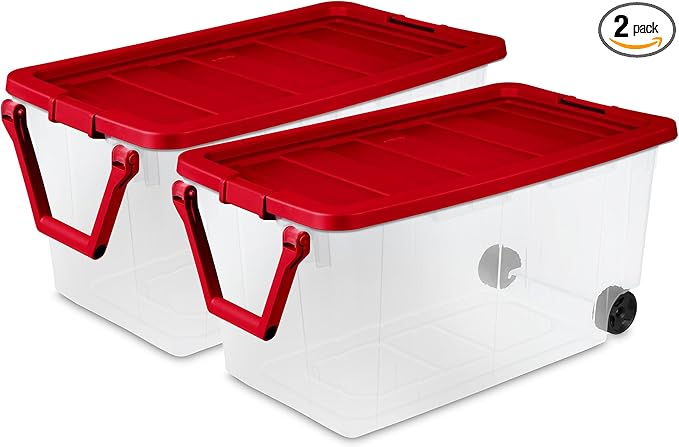 Sterilite 2 Pack Wheeled Storage Box, Large Clear Plastic Container, Durable Home Organizer with Red Lid and Rotating Handle, 160 Quart