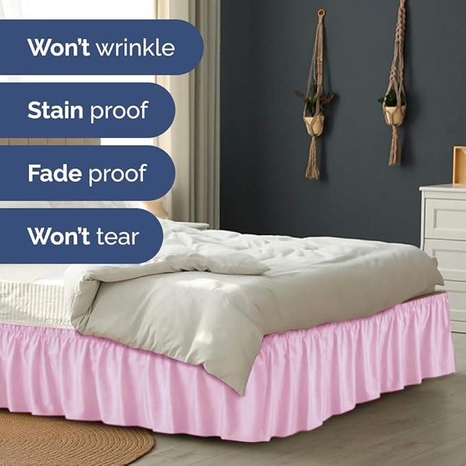 Wrap Around Dust Ruffle Bed Skirt - Light Pink - for Full Size Beds with 24 Inch Drop - Elastic Strap - Adjustable Pleated Bedskirt with Brushed Fabric and Wrinkle Free - for Women, Men, Kids & Teens