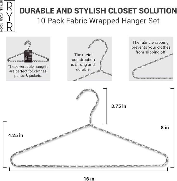 Clothes Hangers 10 Pack – Space Saving Fabric & Metal Hangers, Non-Slip Pant & Coat Hangers, Room Essentials, Closet, Durable Wardrobe Storage for Shirts, Suits & Pants – Grey/White