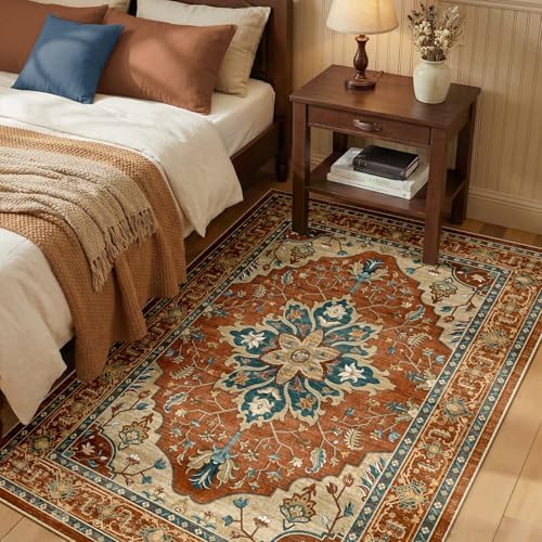 RELEANY Washable Area Rug, 3'x5', Red/Orange/Blue/Brown by RELEANY