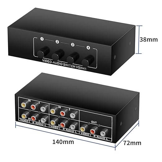 RCA Switch 4 in 1 Out Composite Video L/R Audio Selector Box 4X1, BolAAzuL 4-Way RCA Switcher - 4 Port AV Selector Switch - Plug & Play for Wii PS2 Xbox DVD STB HDTV